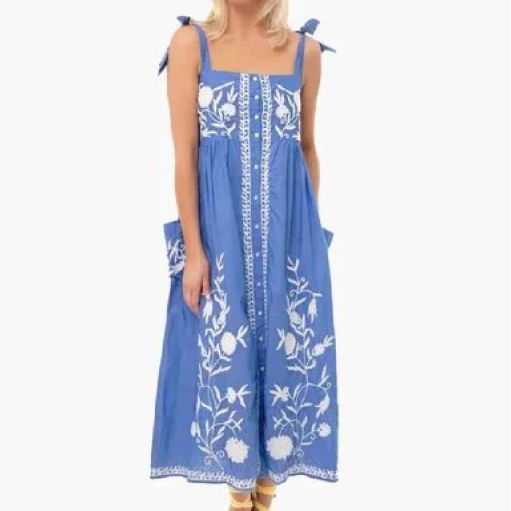 Juliet Dunn Embroidered Chambray Midi Dress Tie Shoulder Blue/White sz 3/L $348